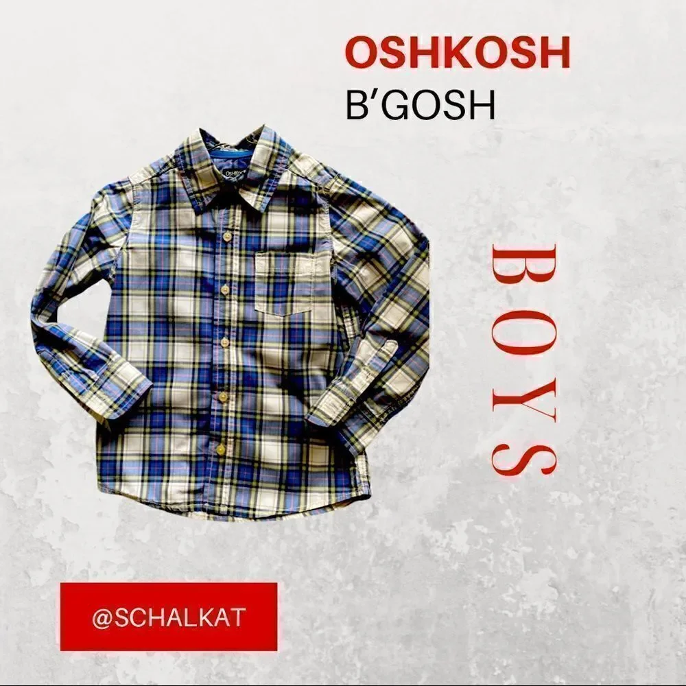 Boys Button Plaid Casual Dress Shirt, Oshkosh B’Gosh, Front Pocket, Long Sleeve